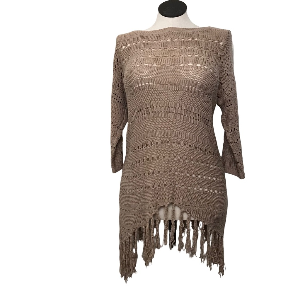 Linda Matthews Boat Neck Crochet Tunic Sweater Women’s Size L Brown 3/4 Sleeve’s